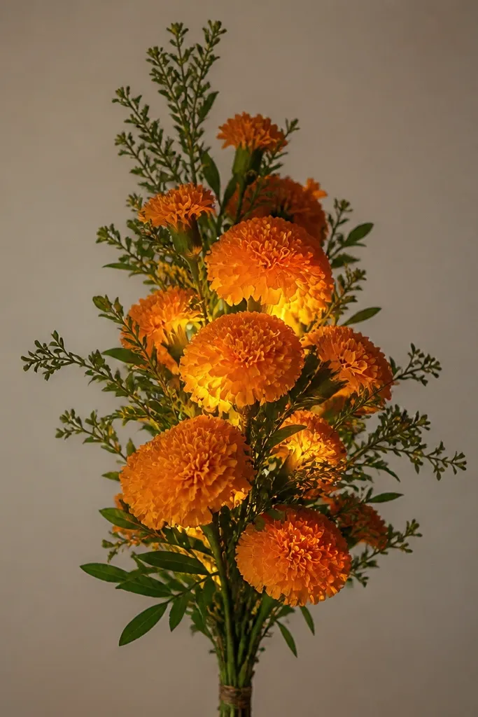 A tall single flower bunch arrangement with marigolds and green leaves. Micro warm LEDs are hidden behind the flower cluster so the petals glow from within. The background is plain, making the bunch stand out.