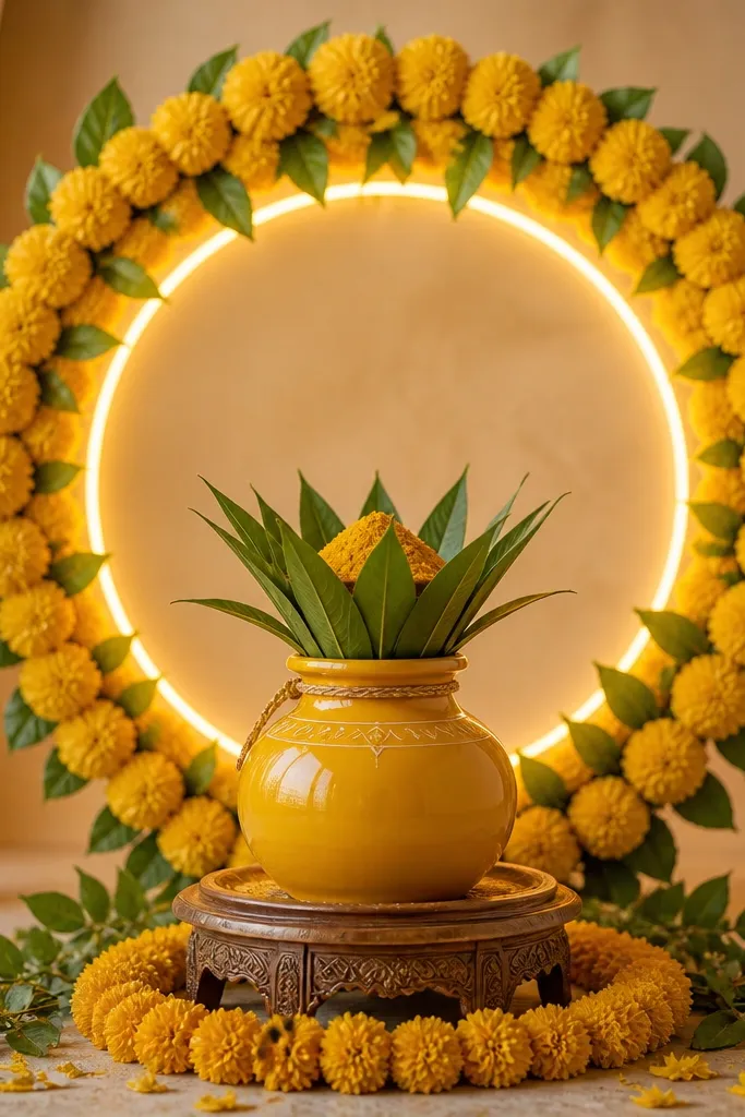 A halo ring light effect behind a haldi kalash setup. Warm LEDs form a soft circular outline behind the vessel, with marigold garlands and green leaves around it. Wires are hidden behind the garland layer.