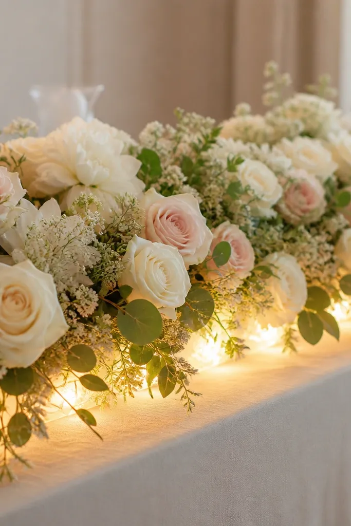 A flower base arrangement with warm LED rope lights tucked underneath. The rope is hidden by flowers, creating the illusion that garlands float above the base. The scene looks clean and glowing along the underside.