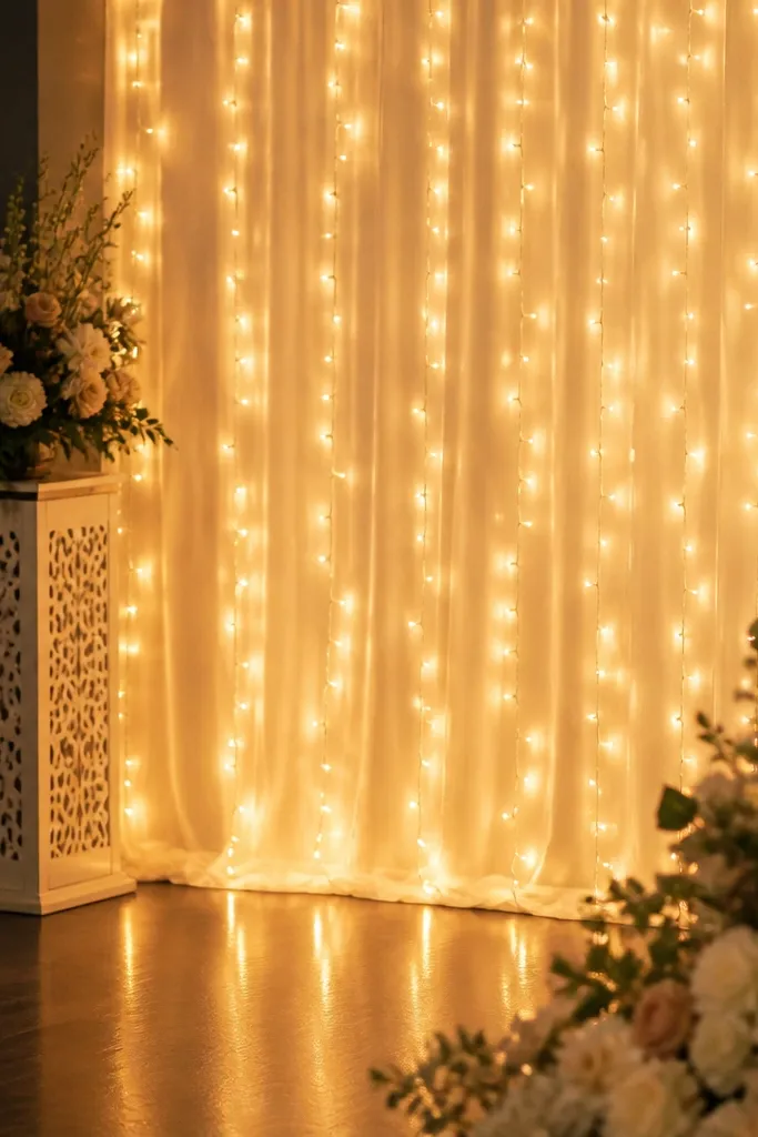 A side-stage area draped with warm fairy lights like a curtain. The lights hang neatly, and the extension cord is hidden behind a decorative stand. The front view shows no visible cables.