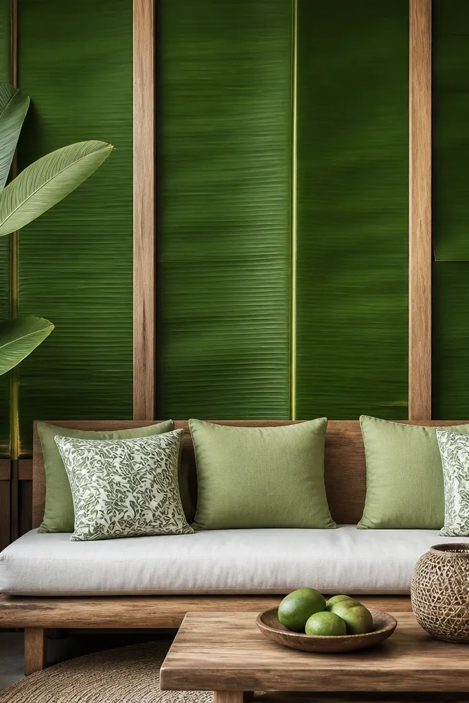 Fresh banana leaf panels pinned flat to a frame behind the seating. Edges are cleaned and aligned so they look crisp rather than jagged.