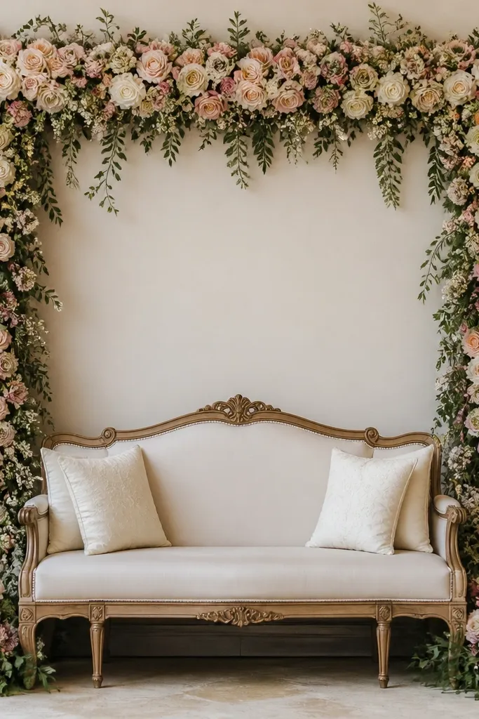 A rectangular floral frame behind the seat with garlands forming a border and empty space in the center behind the head area.