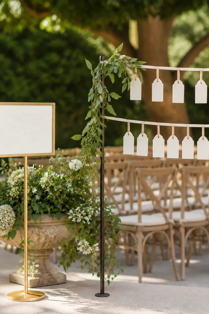 A small gold-edged sign on a stand to the side of the seating area. Name tags hang from a ribbon line at chest height.