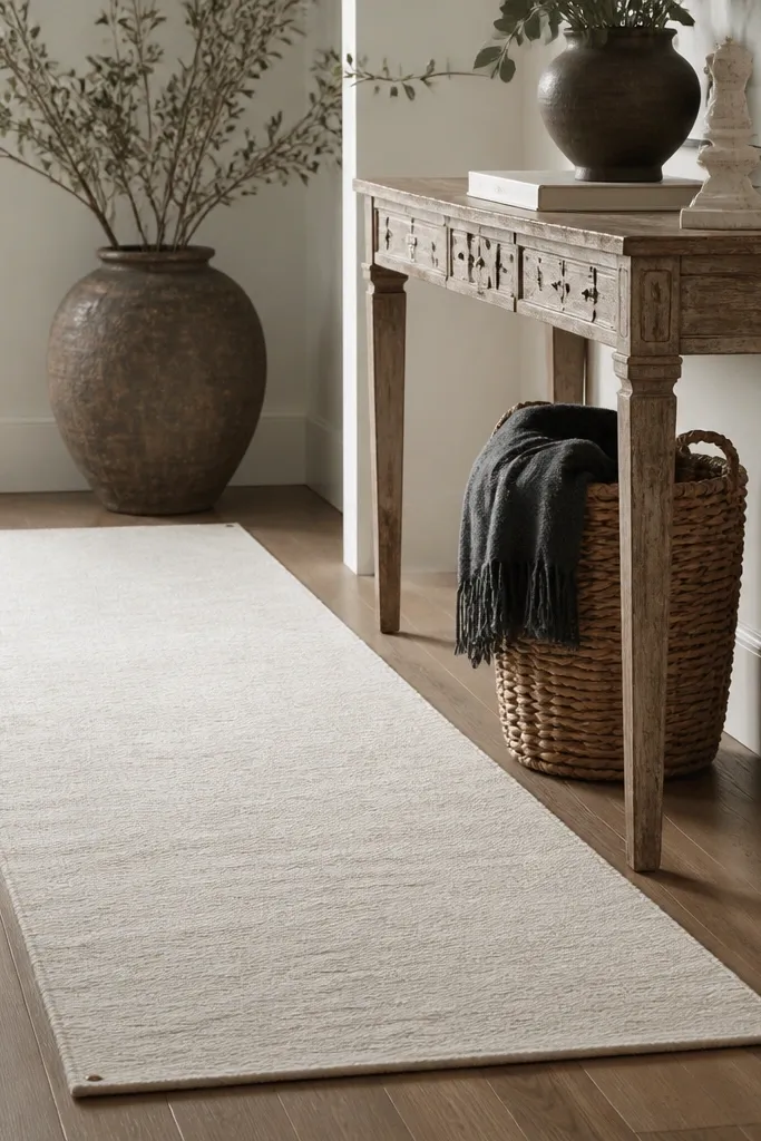 A narrow cream fabric runner on the floor under the main decor zone with edges pinned down. The runner stays straight and doesn't bunch.
