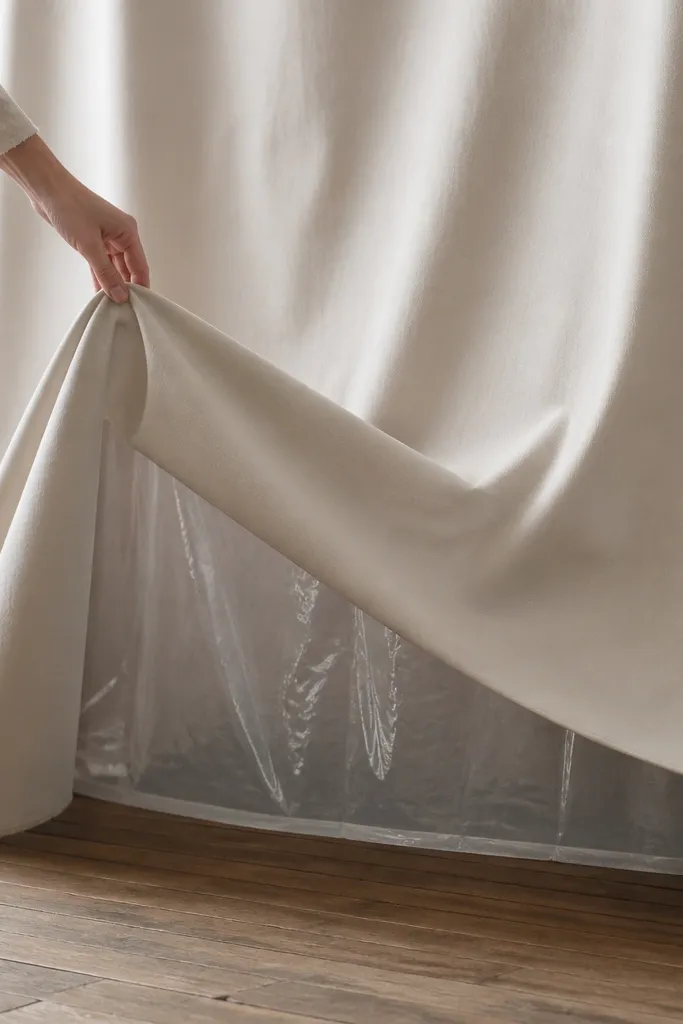 A protective plastic sheet hidden behind the backdrop drape near the floor edge. The visible front looks fabric-smooth, but the bottom is protected.