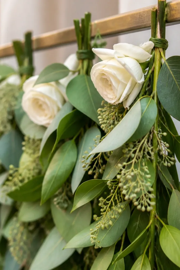 Close-up of garlands tied with zip ties to a frame. The ties are hidden behind the garland stems, and the garland hangs evenly.
