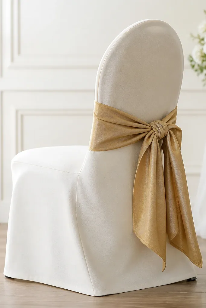 A chair and seat covered with an off-white slipcover made from thick fabric, with a removable gold sash tied on the side.