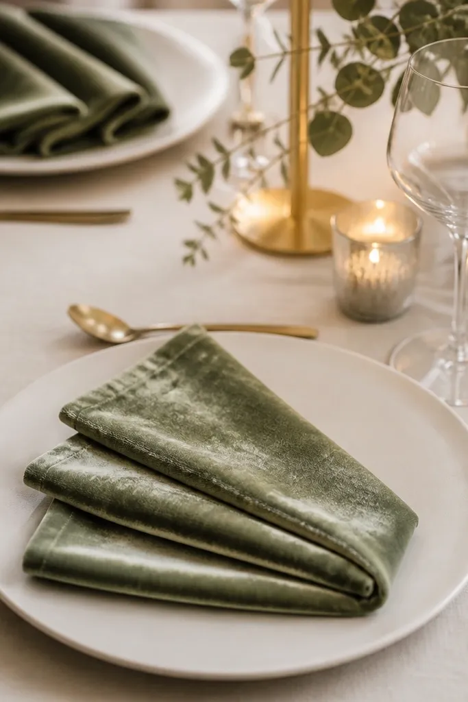 Folded sage velvet napkins on ivory plates, paired with champagne-gold flatware and a soft candle glow. The napkins have a visible pile texture in the light.
