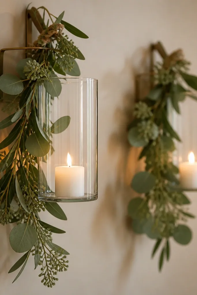 Glass wall sconces or hanging candle holders wrapped with sage eucalyptus garlands, with small white candles inside. The background is a neutral wall with soft warm lights.