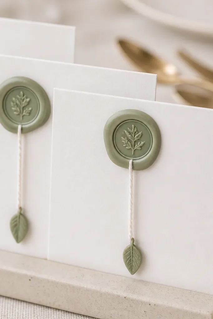 Close-up of white place cards held upright in a holder, each card sealed with a sage green wax blob stamped with a small round seal. A thin white twine pull tag hangs from each card with a tiny sage leaf charm. The table surface is linen-textured in light cream, and champagne flatware is blurred in the background. The wax looks matte with crisp edges, and the twine sits neatly against the card.