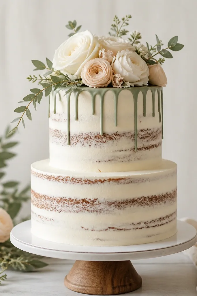 A semi-naked two-tier cake with visible cake crumbs through thin ivory buttercream. Sage green drip runs down from the top tier in short, uneven ribbons. The top is decorated with a cluster of ivory and pale blush flowers, plus small sage leaves near the drip edge.