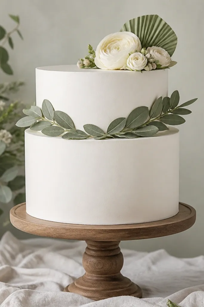 A white wedding cake with smooth buttercream sides and minimal decoration. A garland of sage-green sugar leaves wraps around the top tier and continues as a line from one side to the other. The top has a small cluster of ivory flowers and a single sage leaf fan.