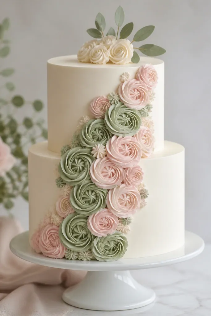 A two-tier cake with ivory base. The sides have a cascade of rosettes starting near the top tier and flowing downward, mixing sage green and blush pink rosettes. The top has a small ivory rosette cluster and a sprig of sage sugar leaves.