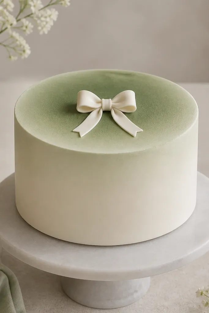 A single-tier or small two-tier cake with smooth ivory sides. Along the top edge, there is an ombre fade from darker sage at the center to lighter sage toward the sides. The top is otherwise clean with a small ivory bow topper.