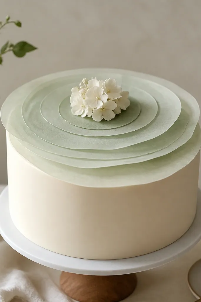 A cake with smooth ivory sides and a topper made from layered wafer paper circles tinted sage. The circles look like soft watercolor rings, stacked slightly offset to create depth. The top has a small ivory flower cluster and a single sage ring at the center.