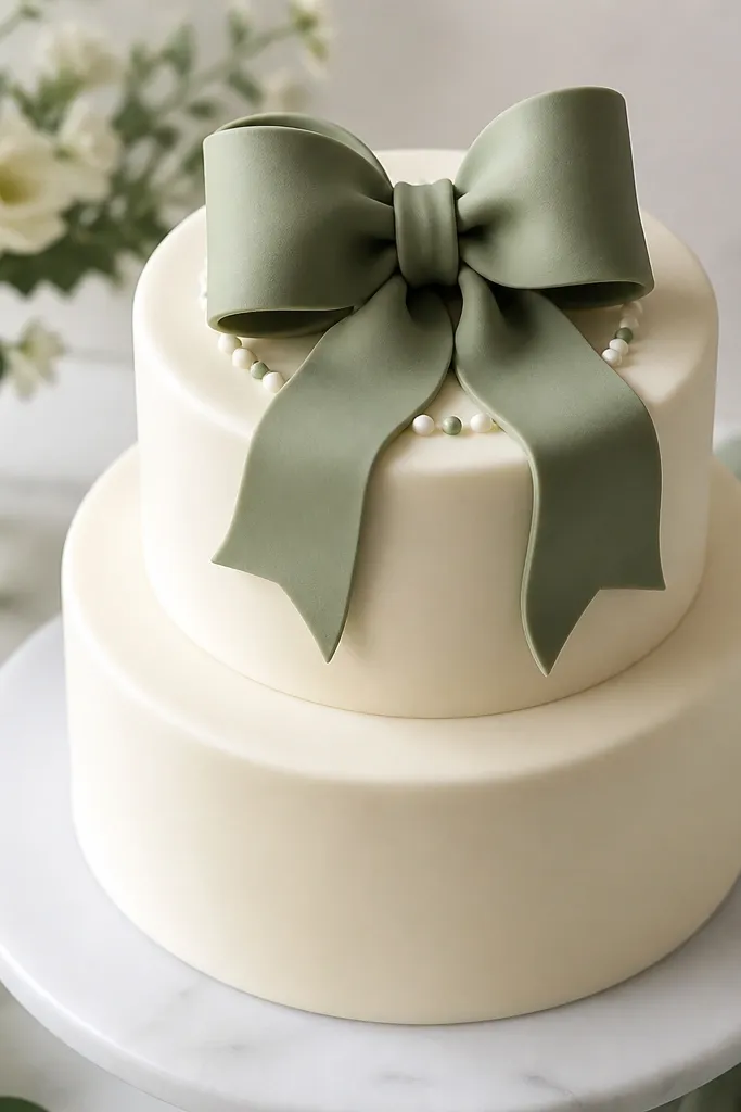 A two-tier ivory cake with smooth sides. On top sits a large sage green fondant bow, with two looping tails. Around the bow base are small white pearl sugar dots and a few tiny sage dots piped in a ring.