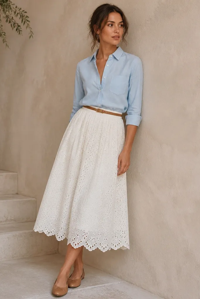 An ivory cotton eyelet midi skirt with scalloped edges paired with a pale blue button-front shirt tucked in at the waist; a thin tan belt sits at the natural waist. The outfit is completed with tan leather flats and small gold hoop earrings.