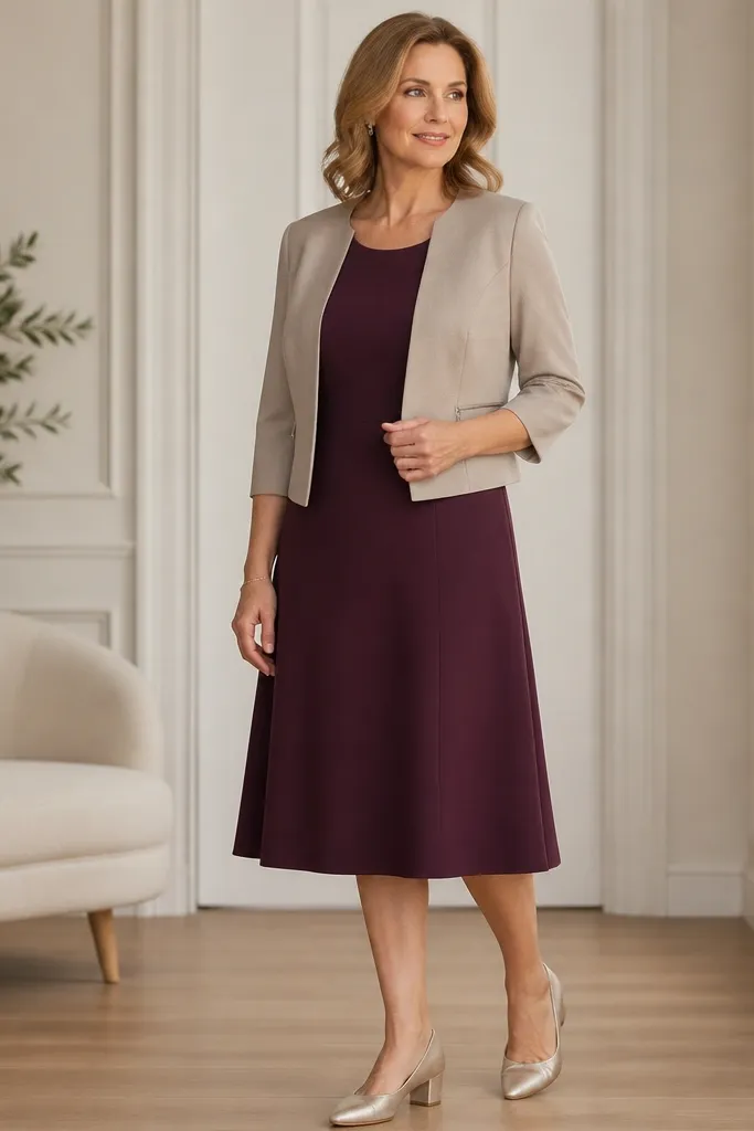 A mid-berry A-line dress in stretchy crepe with short sleeves and a gentle scoop neckline; it falls just below the knee. Styled with a light taupe cropped jacket and metallic champagne low block heels.