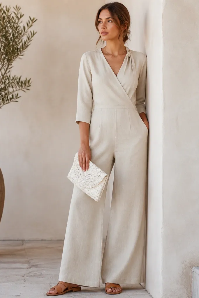 A breathable beige linen-blend jumpsuit with a wrap-style tie at the neckline and wide-leg pants; sleeves are three-quarter length. Styled with a white straw clutch and tan leather sandals.