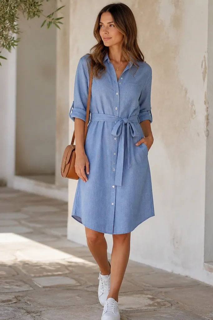 A chambray blue shirt dress with a button front, a tie belt at the waist, and sleeves rolled to the forearm. Styled with white sneakers, a tan crossbody bag, and a simple gold necklace.
