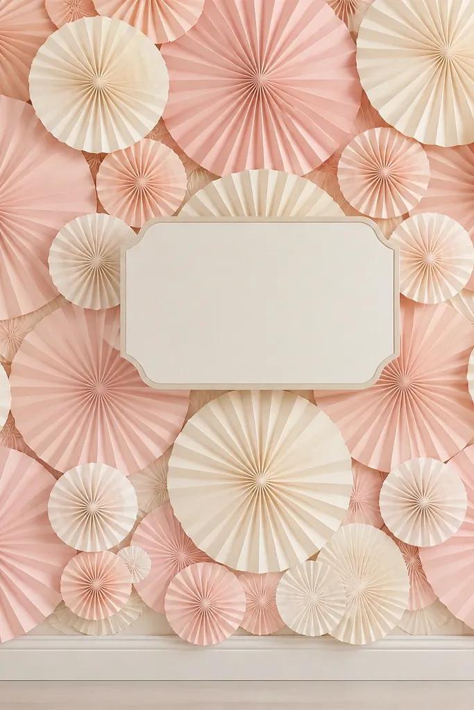 A wall covered with layered paper fans in blush pink and cream, arranged in a grid pattern. The fans vary in size, with larger fans behind a small sign space in the center.