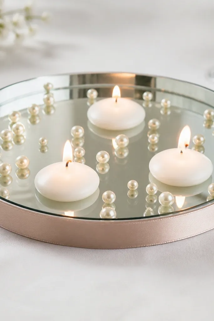 A round mirror tray filled with clear water, floating candles, and scattered pearl-like beads. The tray sits on a white tablecloth with a slim champagne ribbon around the base.
