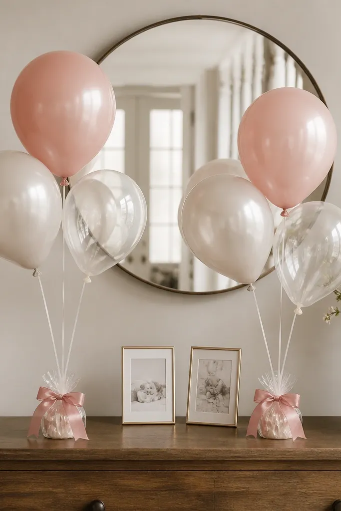 Two small clusters of balloons tied to clear balloon weights on an entryway table. Each weight is wrapped with a satin ribbon in blush, and a small framed photo card sits behind.
