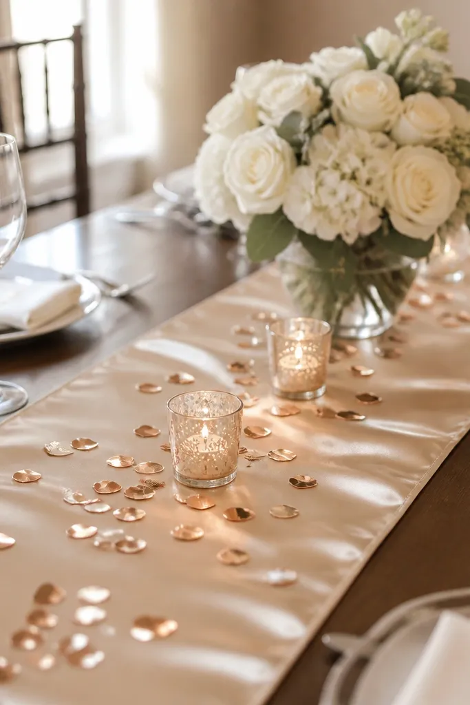 A champagne satin table runner across a dining table with scattered rose-gold heart confetti around the centerpiece. Small glass votives sit on the runner, with a simple white bouquet behind.