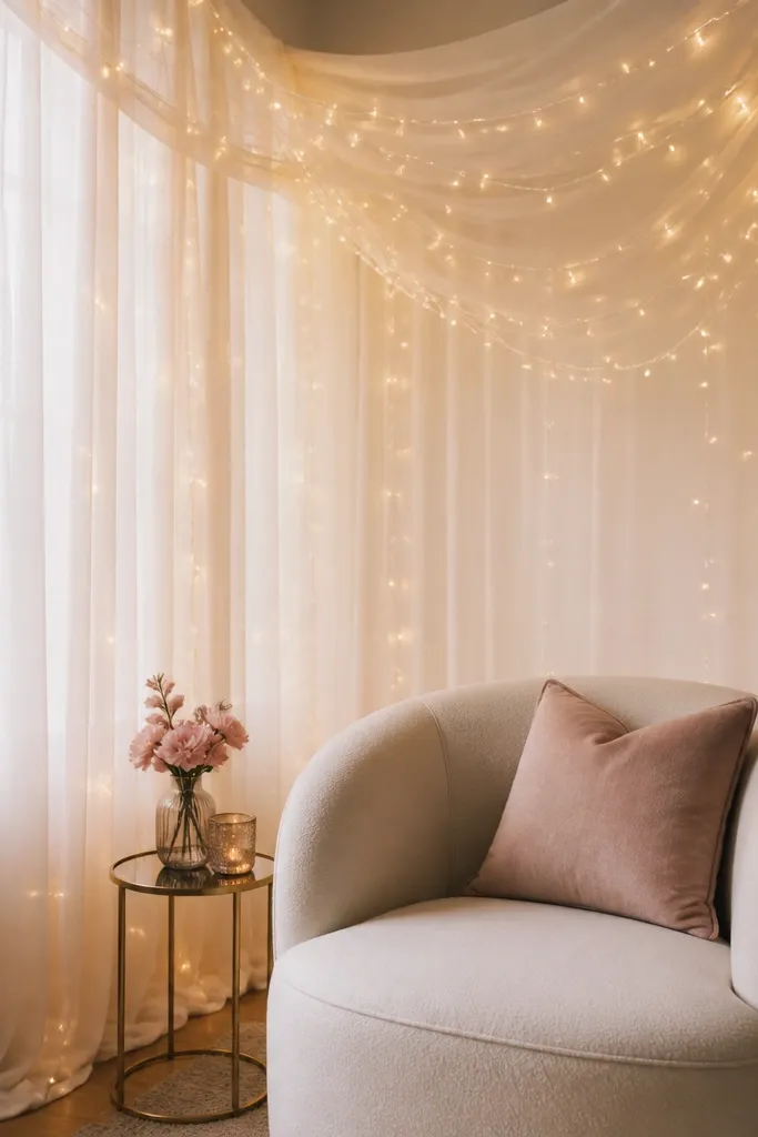 A seating corner with a sheer white drape and warm-white fairy lights strung across it. The lights form a gentle canopy effect, with a blush throw pillow and a small side table.