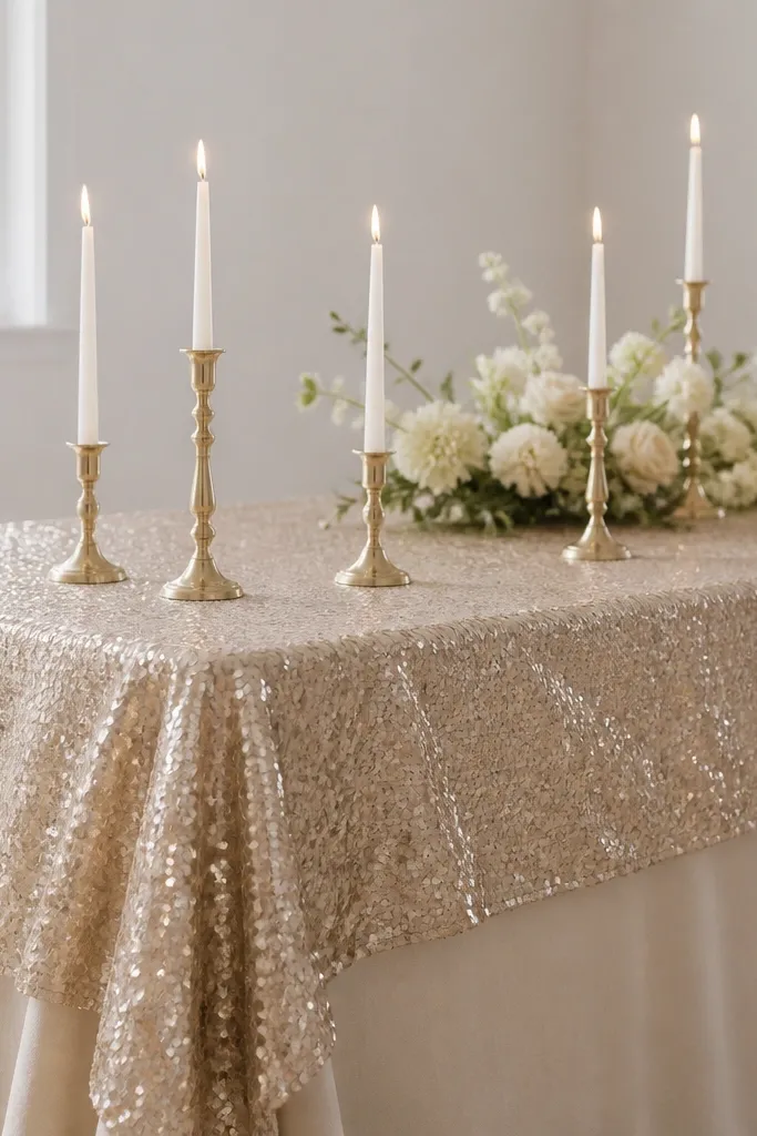 A champagne sequin table overlay placed over a neutral tablecloth, with several white taper candles in matching holders. The sequins catch light, creating small sparkles across the table.