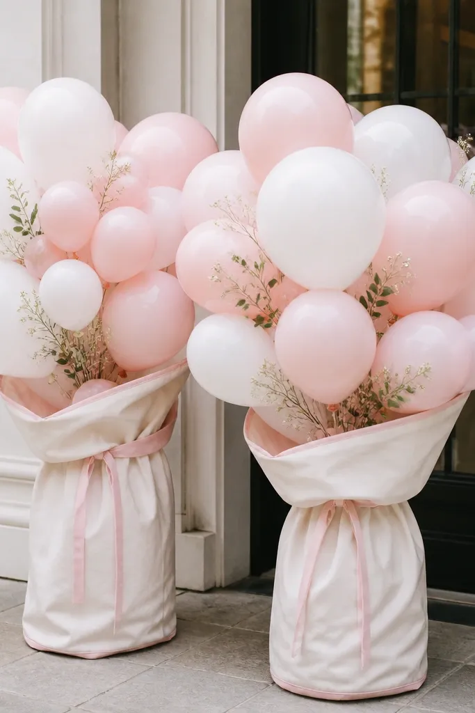 Blush and white balloon bouquets tied together and placed inside reusable soft fabric sleeves. The sleeves are cream with blush trim, and the bouquets sit upright on the floor near the entrance.