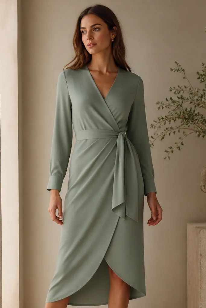 A model in a muted sage matte crepe wrap midi dress with a tie waist, side drape, and a v-neck. The photo shows the fabric falling smoothly and the waist tie sitting flat.