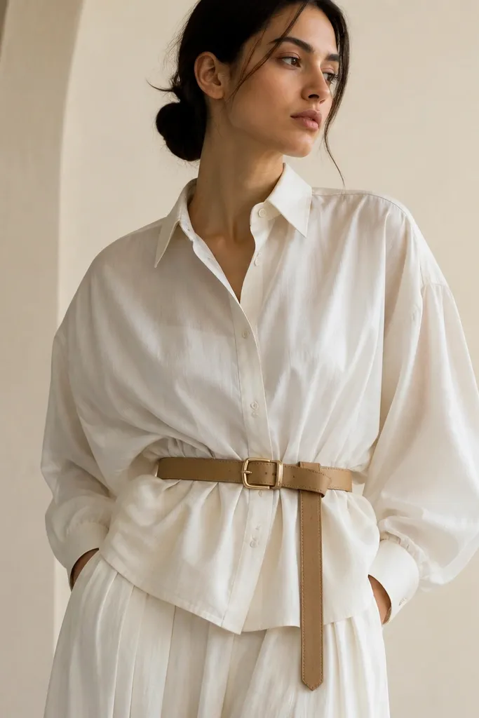 A model wearing an ivory cotton lawn oversized shirt cinched with a tan belt at the waist, paired with a matching or cream skirt. The image focuses on the relaxed shoulder and the belt creating a defined waist.