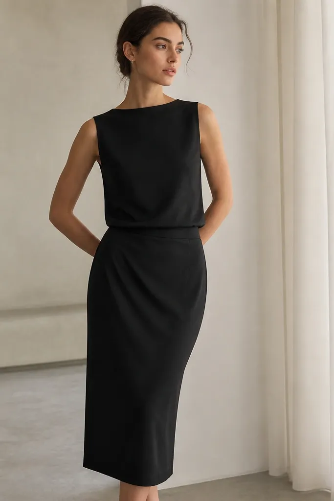A model wearing a matte crepe sleeveless top with a slight sheen-free finish and a matching midi skirt in black. The lighting shows the fabric stays non-glossy.
