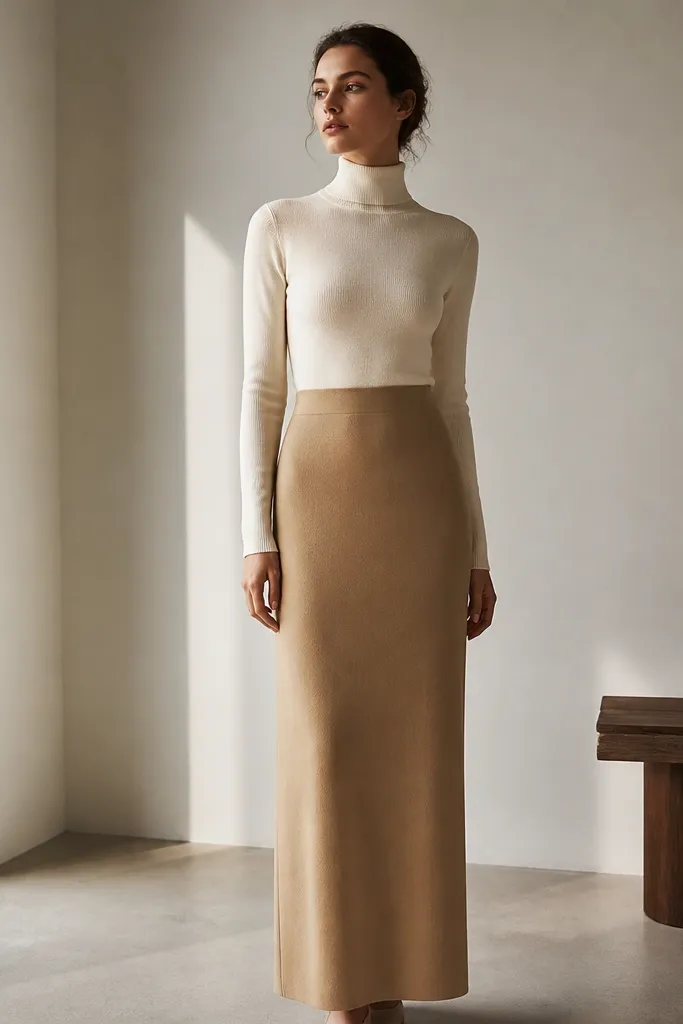 A model wearing a fine-knit turtleneck in cream and a longline skirt in camel. The photo shows the smooth knit texture and a clean vertical line from neck to hem.