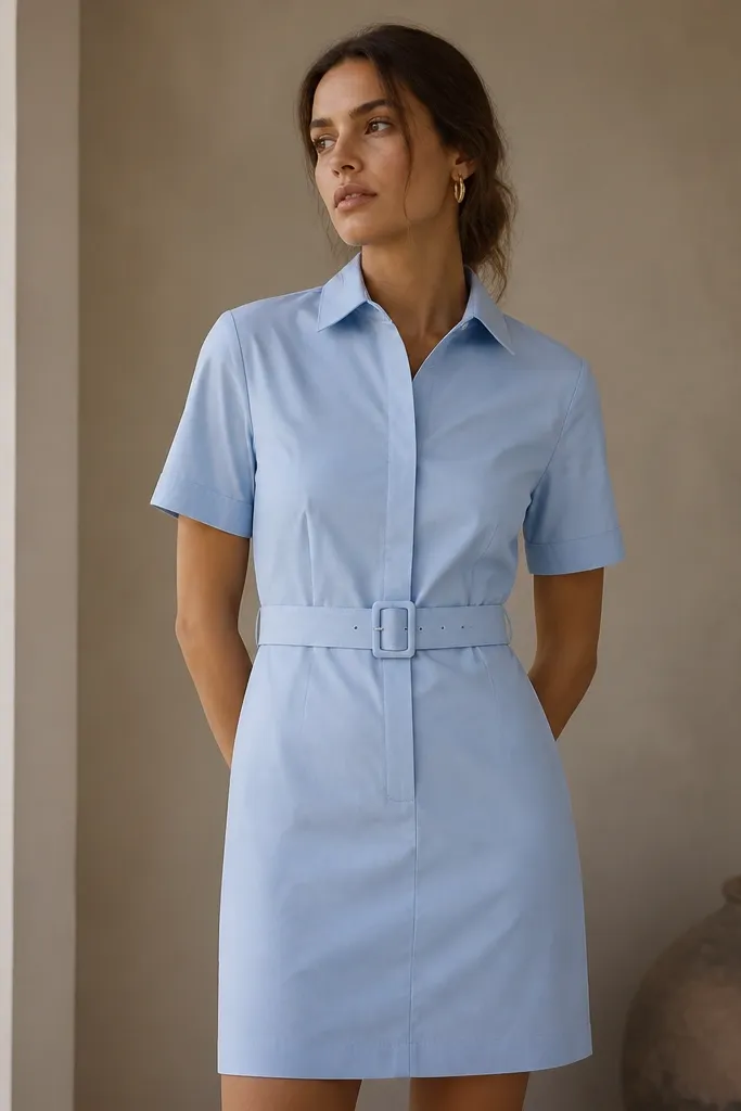 A model in a tailored short-sleeve shirt dress in light blue with a belt and a straight skirt. The photo shows the structured collar and a clean waist belt placement.