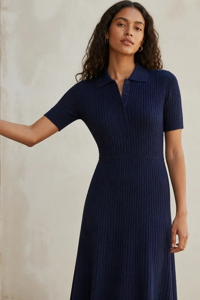 A model wearing a textured knit polo dress in deep navy with a short placket and matching belt-less waist. The photo shows the knit texture and a smooth fall from bust to hem.