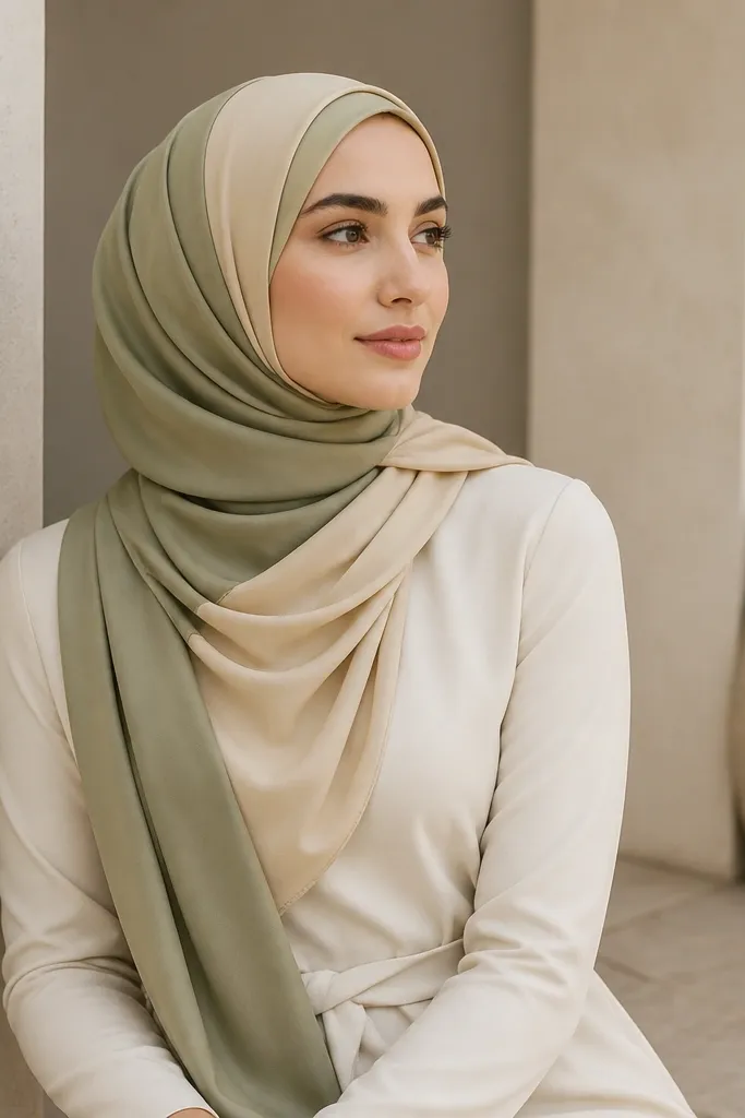 A model wearing a two-tone headscarf in beige and soft olive with a simple solid dress in cream. The photo shows neat folds and a clean, color-matched palette.