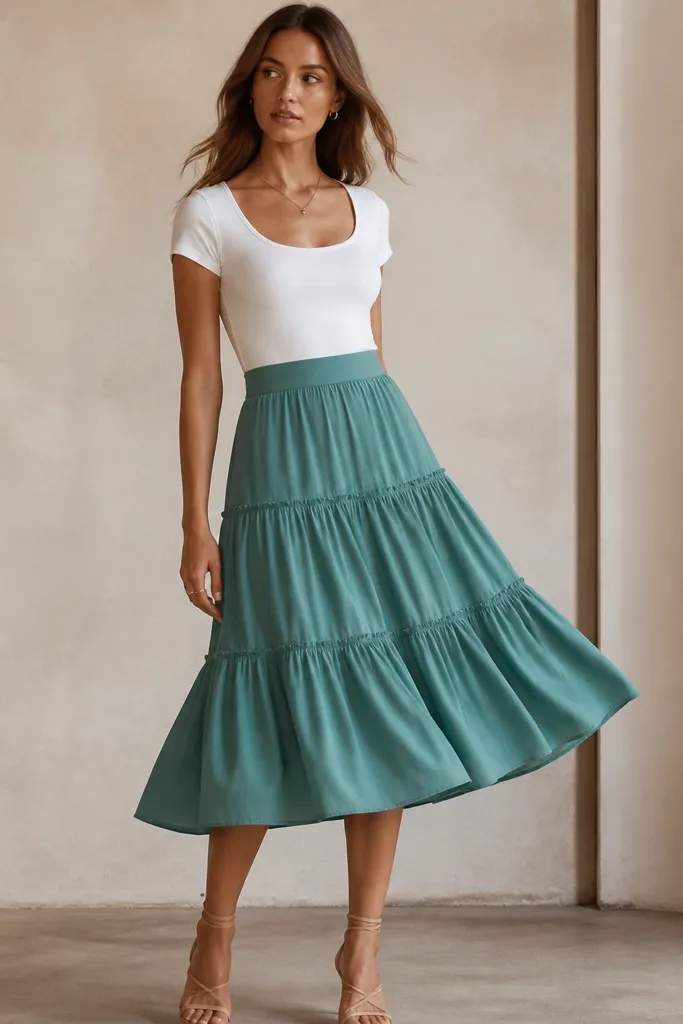 A model wearing a tiered midi skirt in muted teal with a simple white fitted top. The photo shows multiple tiers and gentle movement.
