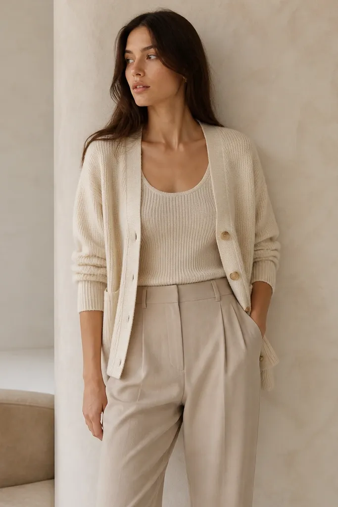 A model wearing a cream knit cardigan over a matching ribbed tank, paired with straight-leg trousers in beige. The photo shows the set-like color matching and soft texture.