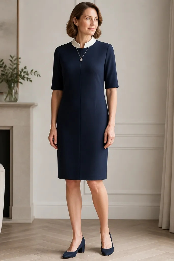 A knee-length stretch ponte shift dress in deep navy with a clean center front seam, paired with a detachable ivory collar that has a soft stand and neat edges; the sleeves are elbow-length and the look is styled with a simple silver pendant and low block-heel shoes.
