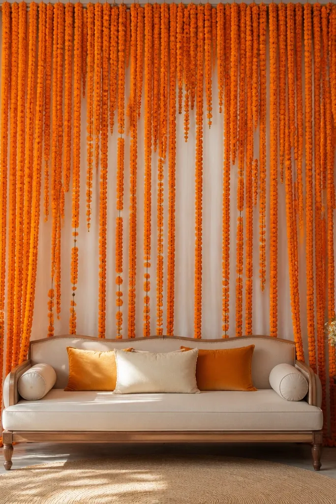 A full-height backdrop made of layered faux marigold strings hanging like curtains, gathered at the top with a neat grid of safety pins on a white sheer base. The marigolds form a warm orange halo behind a seating area.