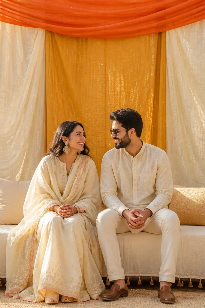 Three vertical bands of kora silk dupattas behind a couple's seating: ivory on the sides, mustard in the center, and saffron at the top edge. The fabric has subtle texture and catches warm light, with small tassels hanging near the bottom.
