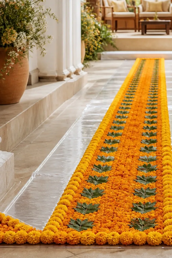 A floor runner that looks like a marigold garland strip with green leaf accents, placed on top of a clear plastic mat. The runner leads toward the seating area and has ends that fold neatly at corners.