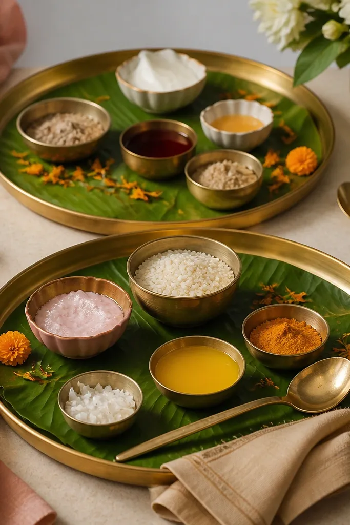 Two low trays on a table: gold-rim plates with small bowls, and a banana leaf sheet underneath. Small faux marigold petals sit around the bowls, with a brass spoon and a folded cloth napkin.