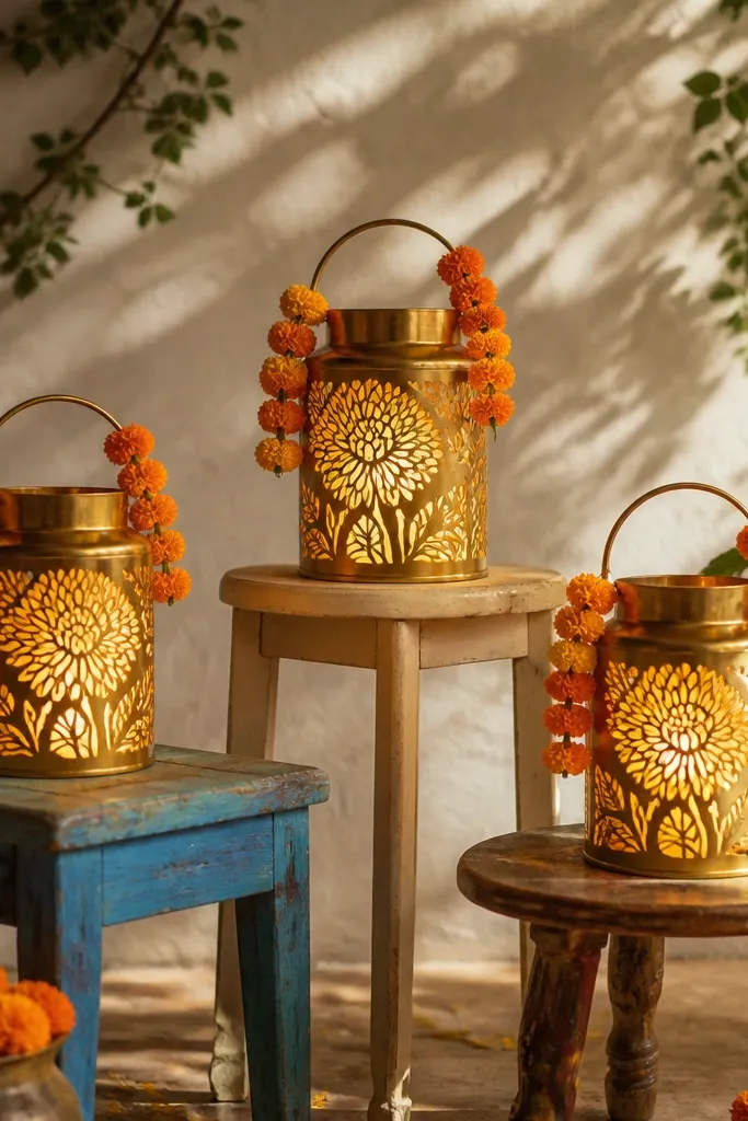 Three small lanterns with marigold-pattern cutouts glowing warm white, placed on mismatched but coordinated stools. Faux marigold garlands wrap lightly around the lantern handles.