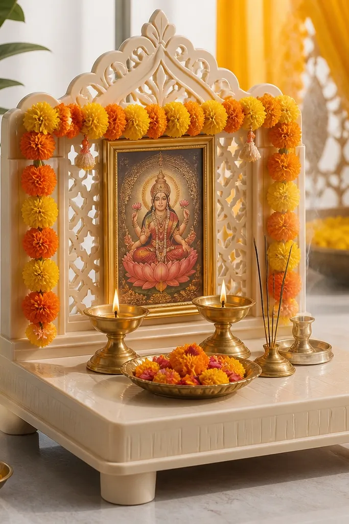 A small pooja corner setup on a reusable plastic base: a decorative frame with faux marigold garlands, two brass diyas, and a couple of incense holders. The whole corner sits on a stable platform near the haldi area.