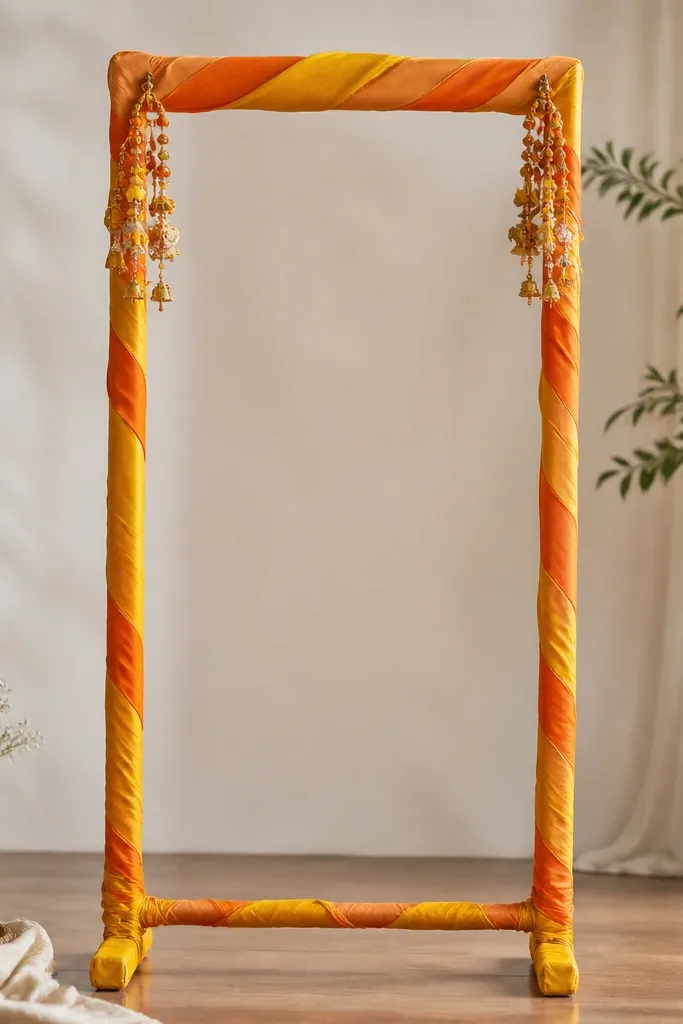 A tall photo frame made from a simple stand covered with silk ribbons in saffron and mustard. Small hanging charms and beads dangle from the top corners.