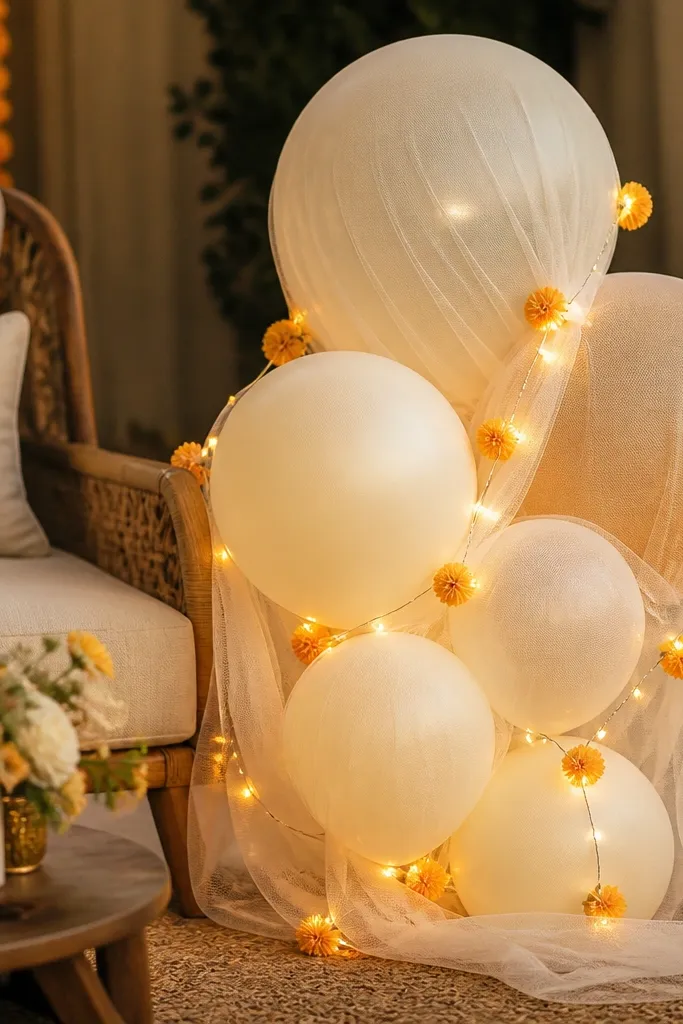 A set of tulle-wrapped balloons in ivory and warm beige, with small marigold-themed string lights threaded through the display. The balloons sit near the seating, catching warm light.