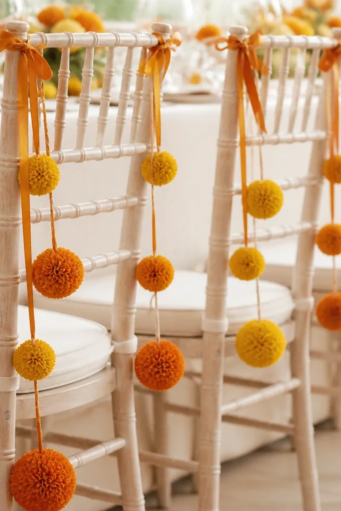 Fabric pom-pom drops in saffron and mustard attached to the backs of chairs using ribbon ties. Each pom-pom cluster hangs at different lengths, creating a playful frame behind the seating.